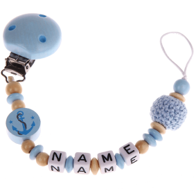 Schnullerkette mit Namen – Anker babyblau